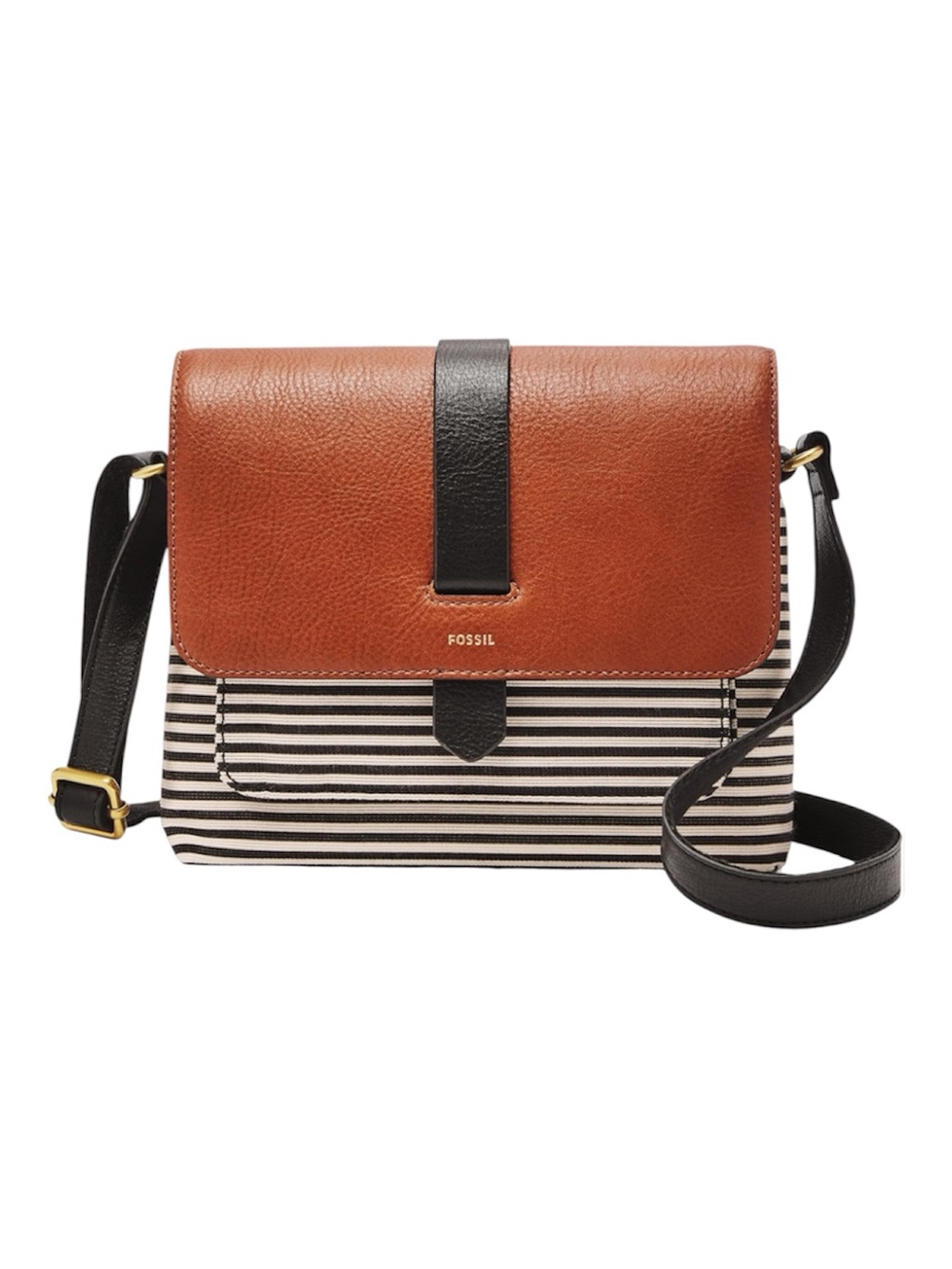 Fossil Striped Crossbody with Brown Leather Flap and Black Trim